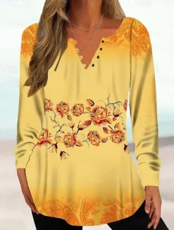 Women's Tunic Shirt Henley Shirt Blouse Tunic Basic Floral Buttons Print Long Sleeve Regular Tops Round Neck Casual Holiday Yellow Pink Green Gray Light Blue Spring & Fall Prefall