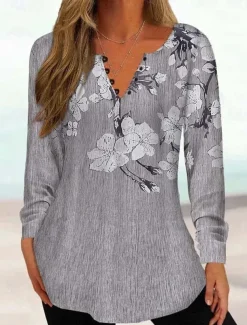 Women's Tunic Shirt Henley Shirt Blouse Tunic Basic Floral Buttons Print Long Sleeve Regular Tops Round Neck Casual Holiday Yellow Pink Green Gray Light Blue Spring & Fall Prefall