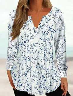 Women's Tunic Shirt Henley Shirt Blouse Tunic Basic Floral Buttons Print Long Sleeve Regular Tops Round Neck Casual Holiday Yellow Pink Green Gray Light Blue Spring & Fall Prefall