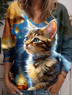 Women's Tunic T Shirt Animal Cat Fashion Funny Long Sleeve V Neck Regular Tops Daily Weekend Print Yellow Blue Purple Green Light Blue Spring & Fall