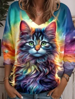 Women's Tunic T Shirt Animal Cat Fashion Funny Long Sleeve V Neck Regular Tops Daily Weekend Print Yellow Blue Purple Green Light Blue Spring & Fall