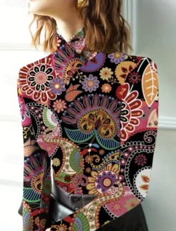 Women's Tunic T Shirt Elegant Bohemia Vintage Long Sleeve Regular Tops Turtleneck Vacation Going out Red Fall Winter Prefall