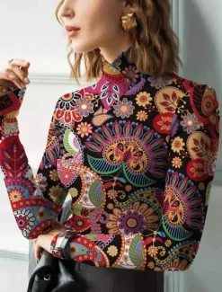 Women's Tunic T Shirt Elegant Bohemia Vintage Long Sleeve Regular Tops Turtleneck Vacation Going out Red Fall Winter Prefall