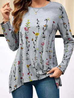 Women's Tunic T Shirt Floral Casual Long Sleeve Crew Neck Regular Tops Daily Print Asymmetrical Gray Spring & Fall
