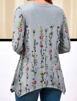 Women's Tunic T Shirt Floral Casual Long Sleeve Crew Neck Regular Tops Daily Print Asymmetrical Gray Spring & Fall