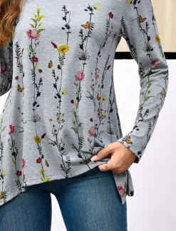 Women's Tunic T Shirt Floral Casual Long Sleeve Crew Neck Regular Tops Daily Print Asymmetrical Gray Spring & Fall