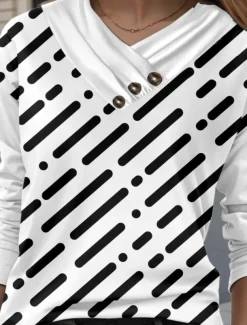 Women's Tunic T Shirt Geometry Stylish Casual Long Sleeve V Neck Regular Tops Daily Buttons Print White Spring Fall