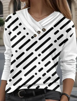 Women's Tunic T Shirt Geometry Stylish Casual Long Sleeve V Neck Regular Tops Daily Buttons Print White Spring Fall