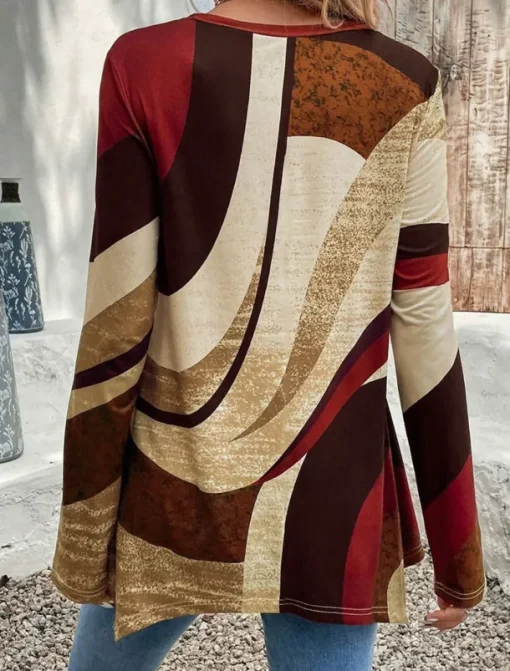 Women's Tunic T Shirt Geometric Casual Long Sleeve Crew Neck Regular Tops Daily Print Asymmetrical Brown Spring & Fall