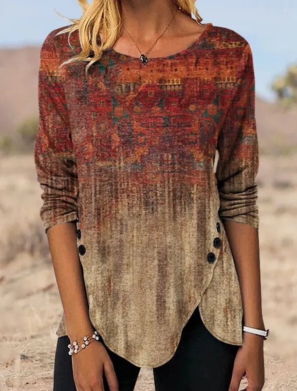 Women's Tunic T Shirt Graphic Vintage Tunic Ethnic Long Sleeve Round Neck Regular Tops Holiday Weekend Print Maroon Blue Green Gray Fall & Winter