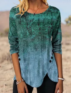 Women's Tunic T Shirt Graphic Vintage Tunic Ethnic Long Sleeve Round Neck Regular Tops Holiday Weekend Print Maroon Blue Green Gray Fall & Winter