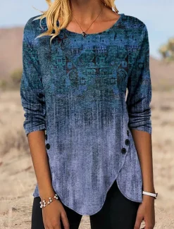 Women's Tunic T Shirt Graphic Vintage Tunic Ethnic Long Sleeve Round Neck Regular Tops Holiday Weekend Print Maroon Blue Green Gray Fall & Winter