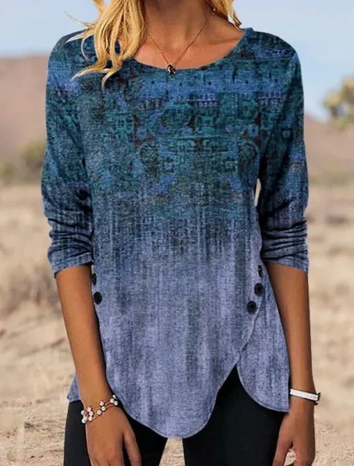 Women's Tunic T Shirt Graphic Vintage Tunic Ethnic Long Sleeve Round Neck Regular Tops Holiday Weekend Print Maroon Blue Green Gray Fall & Winter