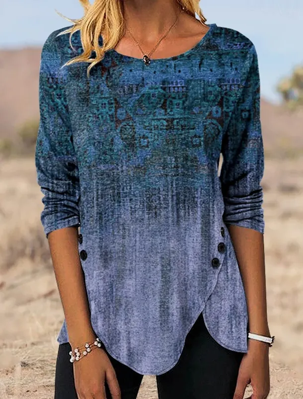 Women's Tunic T Shirt Graphic Vintage Tunic Ethnic Long Sleeve Round Neck Regular Tops Holiday Weekend Print Maroon Blue Green Gray Fall & Winter
