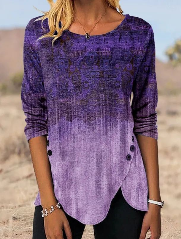 Women's Tunic T Shirt Graphic Vintage Tunic Ethnic Long Sleeve Round Neck Regular Tops Holiday Weekend Print Maroon Blue Green Gray Fall & Winter