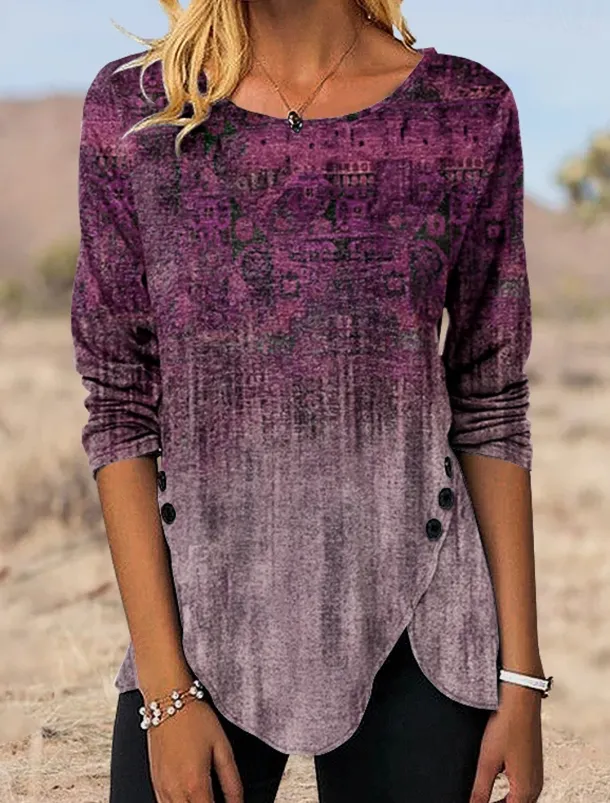 Women's Tunic T Shirt Graphic Vintage Tunic Ethnic Long Sleeve Round Neck Regular Tops Holiday Weekend Print Maroon Blue Green Gray Fall & Winter
