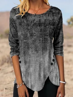 Women's Tunic T Shirt Graphic Vintage Tunic Ethnic Long Sleeve Round Neck Regular Tops Holiday Weekend Print Maroon Blue Green Gray Fall & Winter