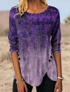 Women's Tunic T Shirt Graphic Vintage Tunic Ethnic Long Sleeve Round Neck Regular Tops Holiday Weekend Print Maroon Blue Green Gray Fall & Winter