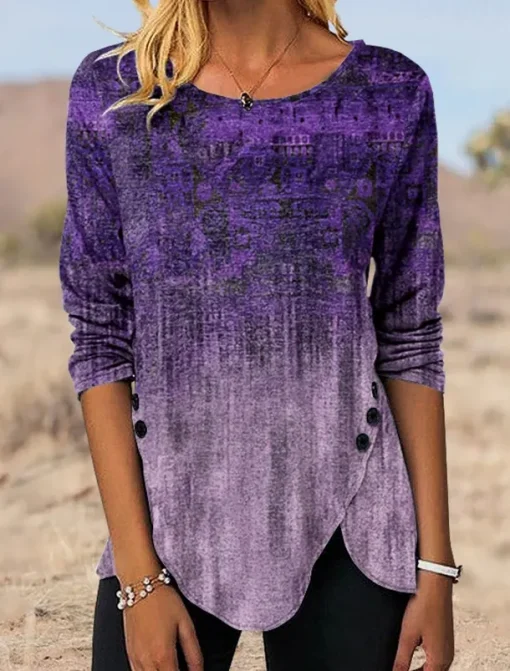 Women's Tunic T Shirt Graphic Vintage Tunic Ethnic Long Sleeve Round Neck Regular Tops Holiday Weekend Print Maroon Blue Green Gray Fall & Winter