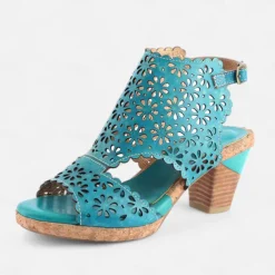 Women's Turquoise Cutout Leather Sandals – Vintage Hollow-Out Chunky Heel Peep-Toe Summer Shoes for Casual & Boho Style
