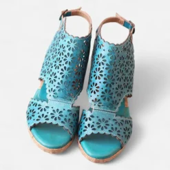 Women's Turquoise Cutout Leather Sandals – Vintage Hollow-Out Chunky Heel Peep-Toe Summer Shoes for Casual & Boho Style