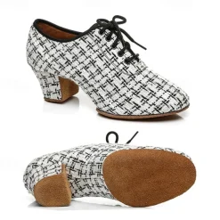 Women's Tweed Latin Dance Shoes – Lace-Up Ballroom Performance Heels with Suede Sole for Professional Dancers