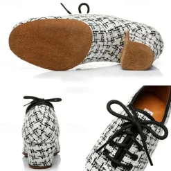 Women's Tweed Latin Dance Shoes – Lace-Up Ballroom Performance Heels with Suede Sole for Professional Dancers
