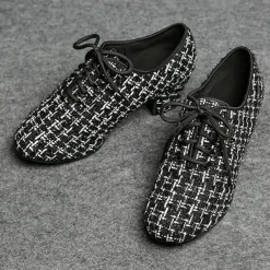 Women's Tweed Latin Dance Shoes – Lace-Up Ballroom Performance Heels with Suede Sole for Professional Dancers