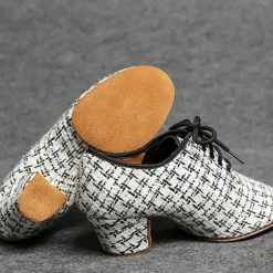 Women's Tweed Latin Dance Shoes – Lace-Up Ballroom Performance Heels with Suede Sole for Professional Dancers