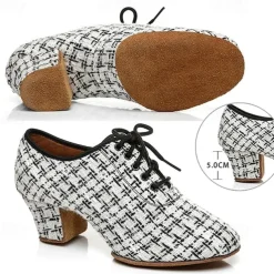 Women's Tweed Latin Dance Shoes – Lace-Up Ballroom Performance Heels with Suede Sole for Professional Dancers