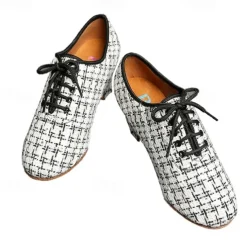 Women's Tweed Latin Dance Shoes – Lace-Up Ballroom Performance Heels with Suede Sole for Professional Dancers