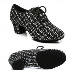 Women's Tweed Latin Dance Shoes – Lace-Up Ballroom Performance Heels with Suede Sole for Professional Dancers