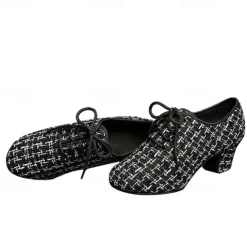 Women's Tweed Latin Dance Shoes – Lace-Up Ballroom Performance Heels with Suede Sole for Professional Dancers