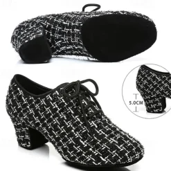 Women's Tweed Latin Dance Shoes – Lace-Up Ballroom Performance Heels with Suede Sole for Professional Dancers
