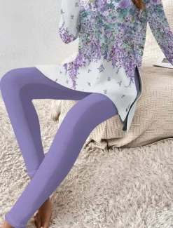 Women's Two Pieces Set Elegant Vacation Fashion T Shirt Pants Sets Long Sleeve Crew Neck Round Neck Floral Graphic Striped Print Casual Daily Casual Daily Purple Summer Regular Fit