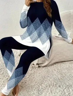 Women's Two Pieces Set Elegant Vacation Fashion T Shirt Pants Sets Long Sleeve Crew Neck Round Neck Graphic Striped Print Casual Daily Casual Daily Black Red Blue Summer Regular Fit