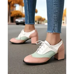 Women's Two-Tone Oxford Block Heel Shoes – Retro Lace-Up Brogues in Mint Green and Metallic for 1950s-Inspired Street Style, Daily Outfits, and Casual Events