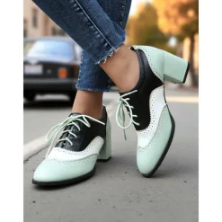 Women's Two-Tone Oxford Block Heel Shoes – Retro Lace-Up Brogues in Mint Green and Metallic for 1950s-Inspired Street Style, Daily Outfits, and Casual Events