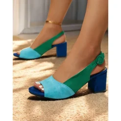 Women's Two-Tone Suede Peep Toe Block Heel Sandals – Stylish and Comfortable Open-Toe Shoes for Office, Parties, and Summer Outings