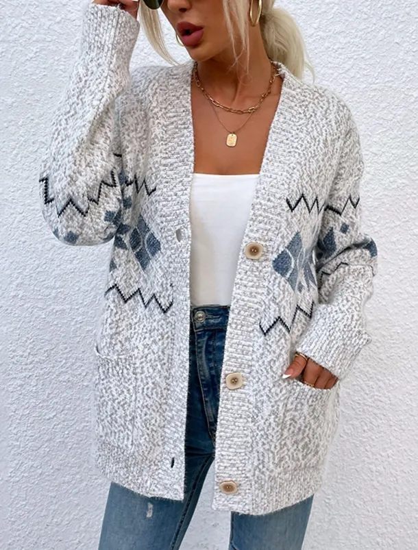 Women's Ugly Cardigan Open Front Knit Knitted Textured Fall Winter New Year Fashion Streetwear Daily Long Sleeve Snowflake Pink Light Grey