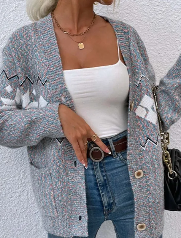 Women's Ugly Cardigan Open Front Knit Knitted Textured Fall Winter New Year Fashion Streetwear Daily Long Sleeve Snowflake Pink Light Grey