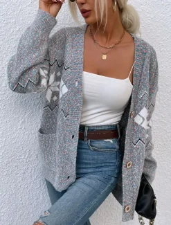 Women's Ugly Cardigan Open Front Knit Knitted Textured Fall Winter New Year Fashion Streetwear Daily Long Sleeve Snowflake Pink Light Grey