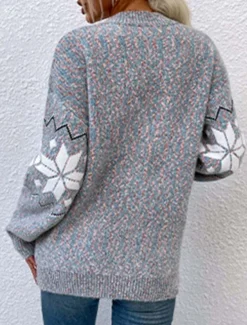 Women's Ugly Cardigan Open Front Knit Knitted Textured Fall Winter New Year Fashion Streetwear Daily Long Sleeve Snowflake Pink Light Grey