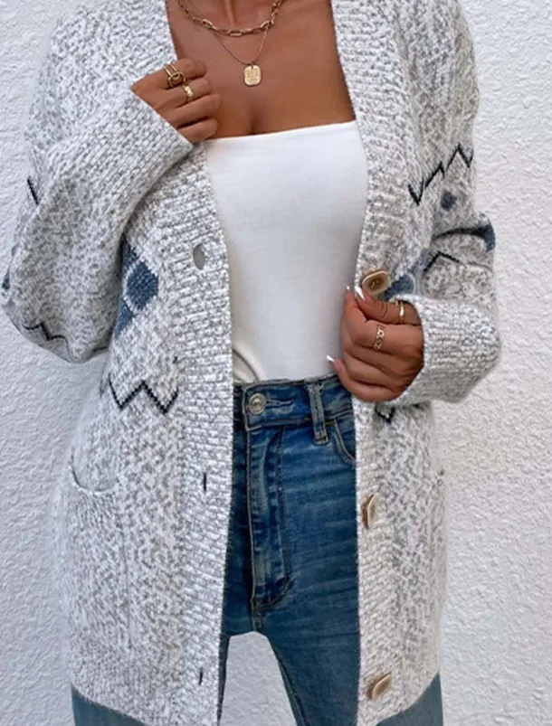 Women's Ugly Cardigan Open Front Knit Knitted Textured Fall Winter New Year Fashion Streetwear Daily Long Sleeve Snowflake Pink Light Grey