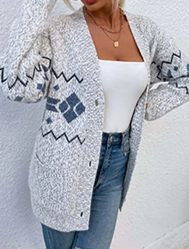 Women's Ugly Cardigan Open Front Knit Knitted Textured Fall Winter New Year Fashion Streetwear Daily Long Sleeve Snowflake Pink Light Grey