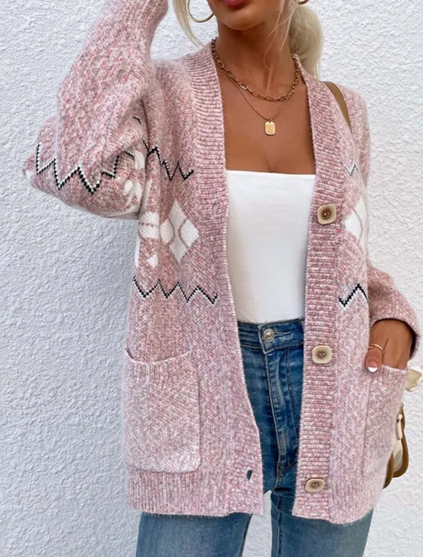 Women's Ugly Cardigan Open Front Knit Knitted Textured Fall Winter New Year Fashion Streetwear Daily Long Sleeve Snowflake Pink Light Grey