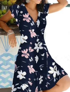 Women's V Neck Flutter Sleeve Mini Dress Short Sleeve Summer Spring