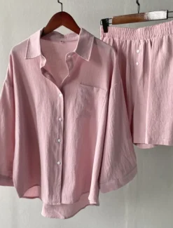 Women's Vacation Fashion Shirt Linen-Inspired Sets Two Piece Sets Beach Shorts Baggy Shorts Short Sleeve Shirt Collar Solid Color Drawstring Daily Wear Date Pink Green Gray Summer Regular Fit