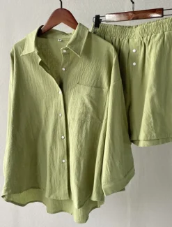 Women's Vacation Fashion Shirt Linen-Inspired Sets Two Piece Sets Beach Shorts Baggy Shorts Short Sleeve Shirt Collar Solid Color Drawstring Daily Wear Date Pink Green Gray Summer Regular Fit