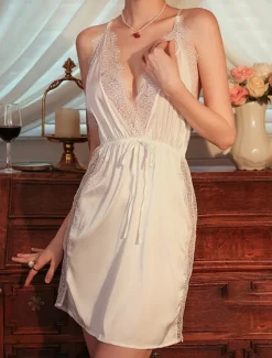 Women's Valentine Dress Sexy Pajamas Nightgown 2 Pieces Patchwork Fashion Lovers Comfort Home Valentine's Day Daily Satin Breathable Straps Sleeveless Backless Summer Spring Home Outfits